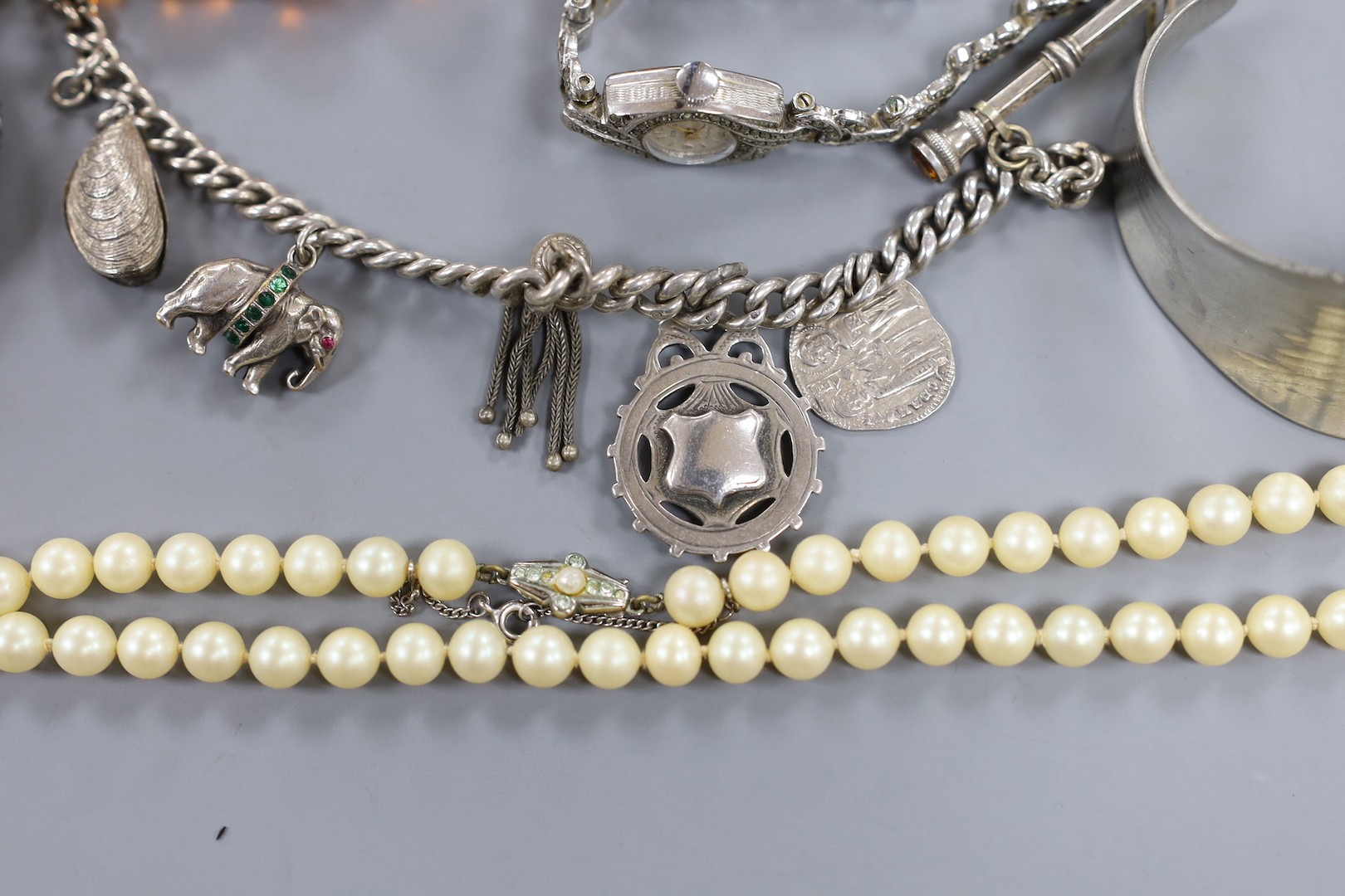 A silver charm bracelet, white metal charm bracelet and a small group of assorted costume jewellery.
